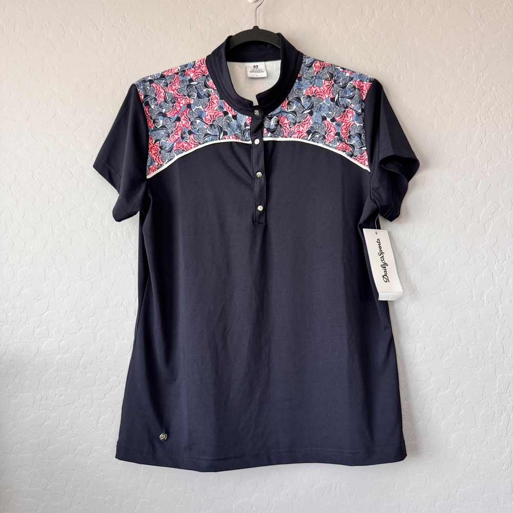 NWT Daily Sports Large Polo Navy Blue Short Sleeve Floral Mock Neck Golf Top